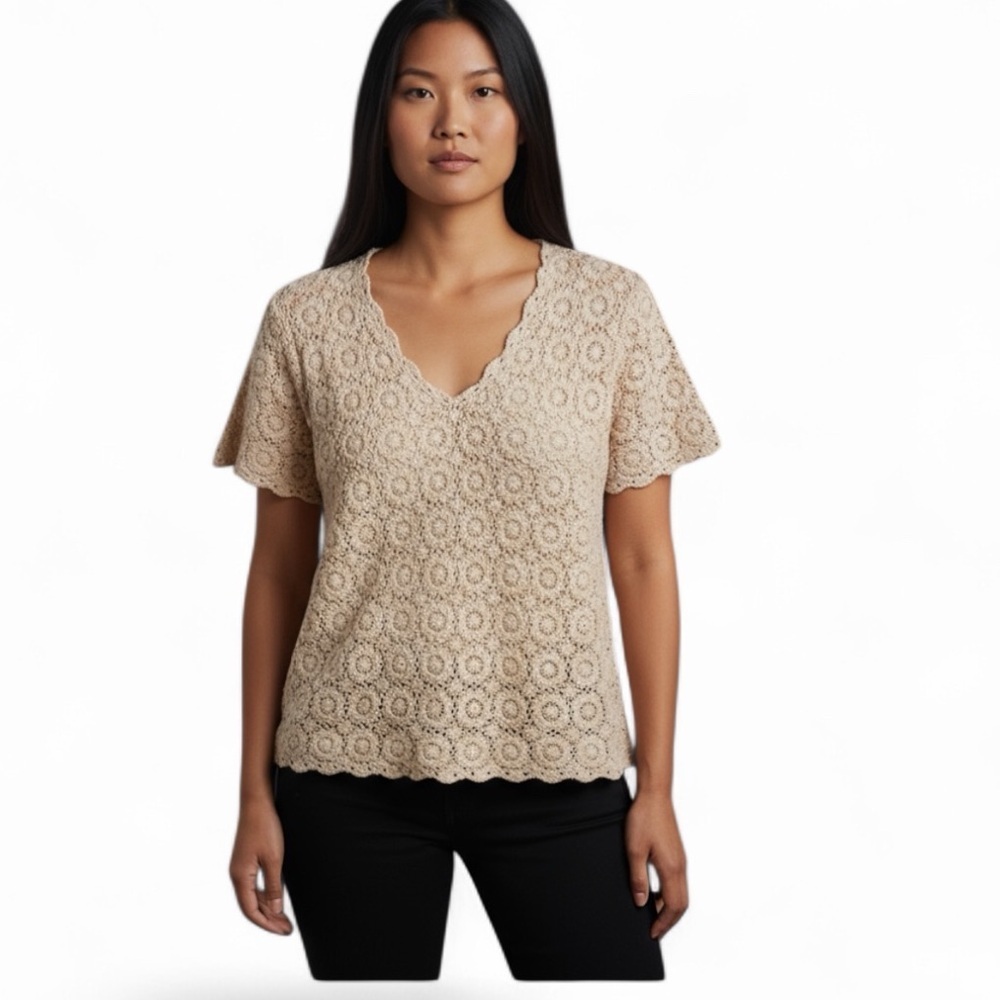 Crochet 70s Short Sleeve Shirt Ivory Size Medium